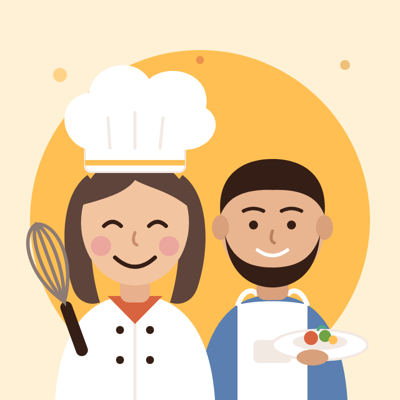 Illustrated avatar of Nicole and Joe, the home cooks behind Kitchen Unveiled, holding a whisk and a plated dish