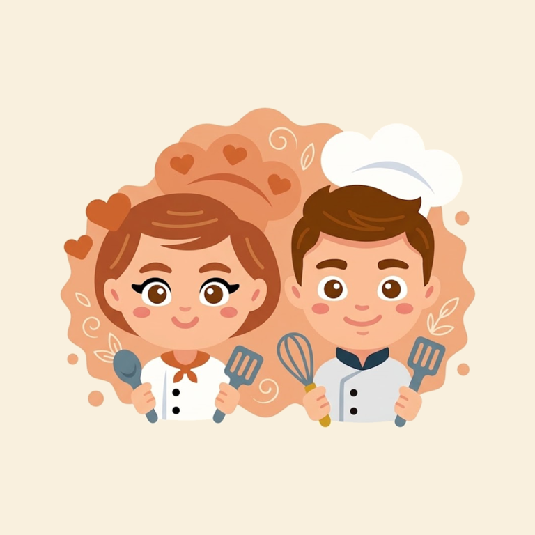 Illustration of Nicole and Joe, the home cooks behind Kitchen Unveiled, smiling and holding a spoon, a whisk and spatulas