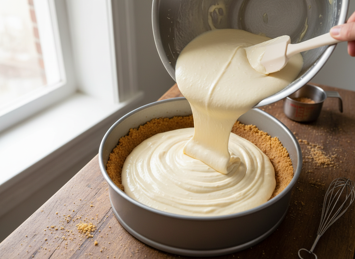 Thick cheesecake filling being spread into a graham cracker crust in a springform pan