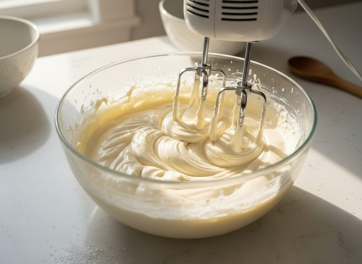 Cream cheese filling for a no-bake cheesecake being beaten smooth in a glass bowl