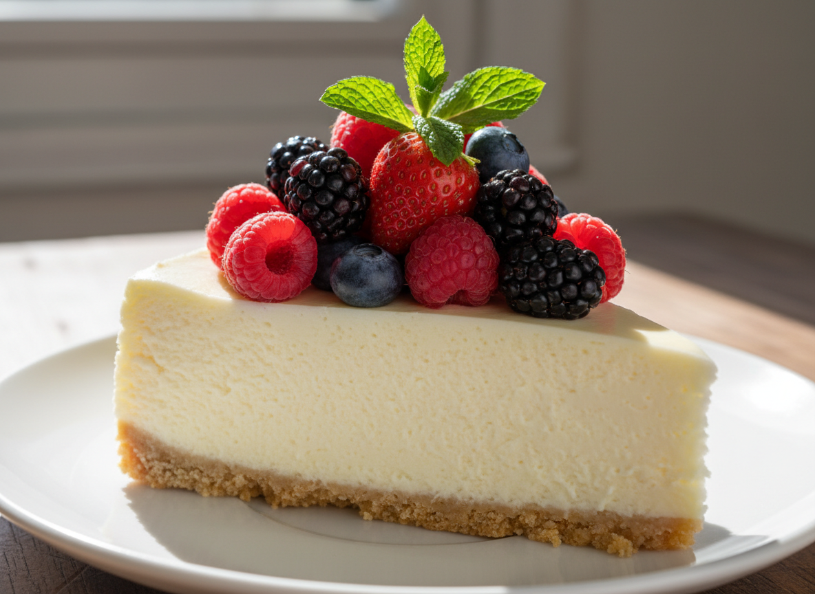 Slice of creamy cheesecake with a graham cracker crust topped with fresh berries