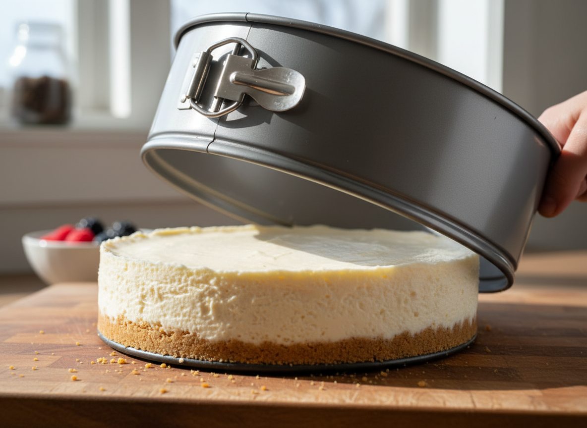 Springform ring being lifted off a firmly set no-bake cheesecake