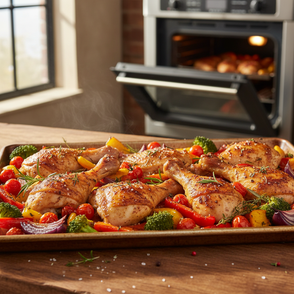 Golden roasted one-pan chicken and vegetables fresh from the oven