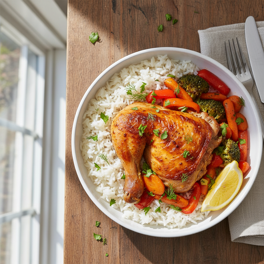 Plated one-pan chicken and vegetables served over rice, garnished with herbs and lemon
