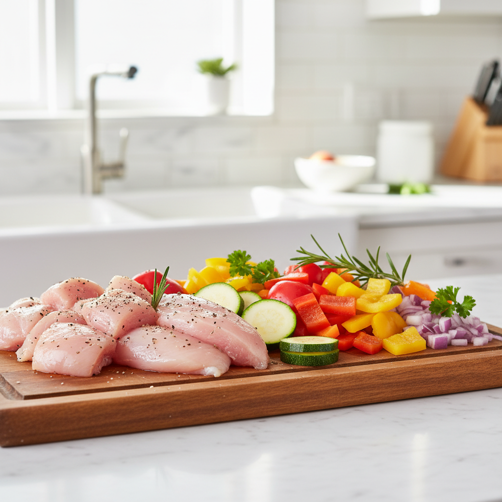 One-pan chicken and veggies ingredients ready for roasting