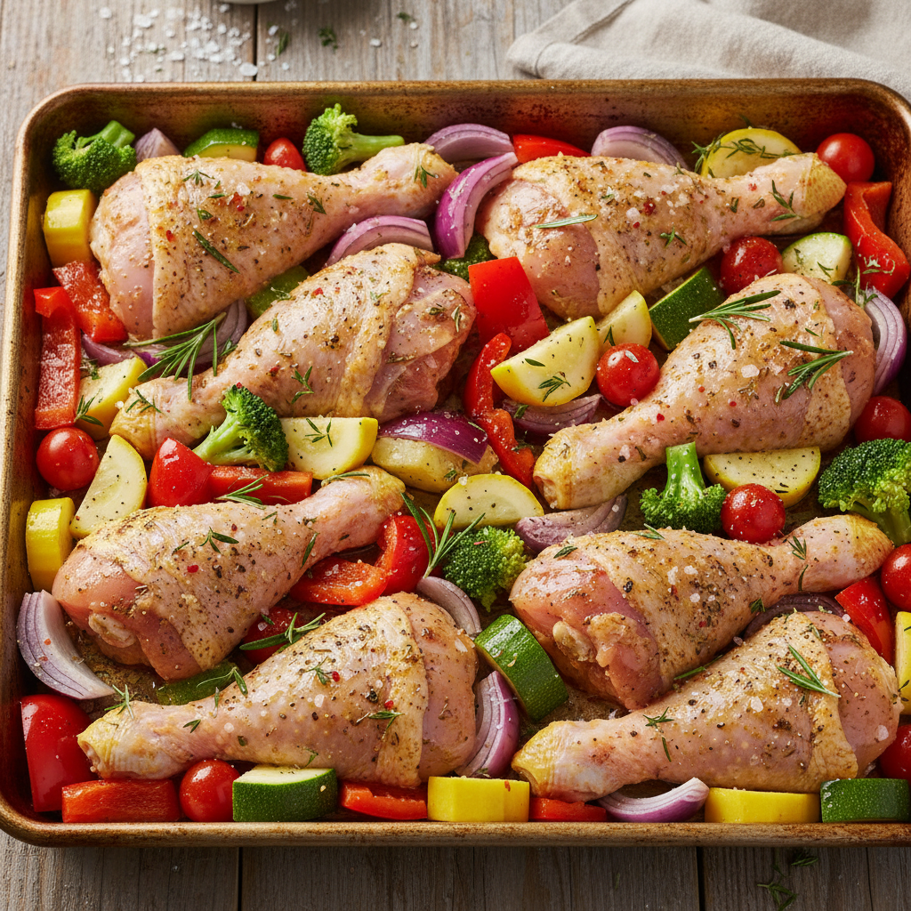 Seasoned chicken and vegetables arranged on a sheet pan before baking