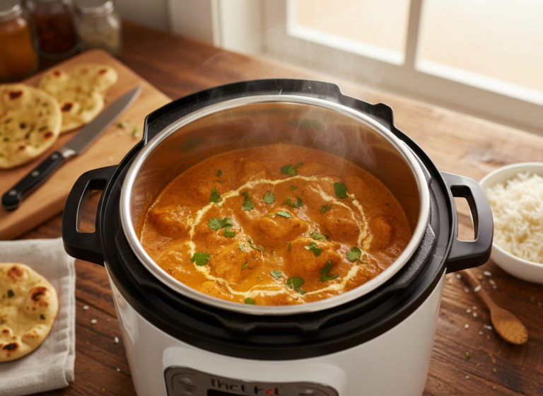 Butter chicken sauce simmering inside an open pressure cooker