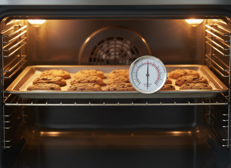 Dial oven thermometer on the oven rack next to baking cookies to check the real oven temperature