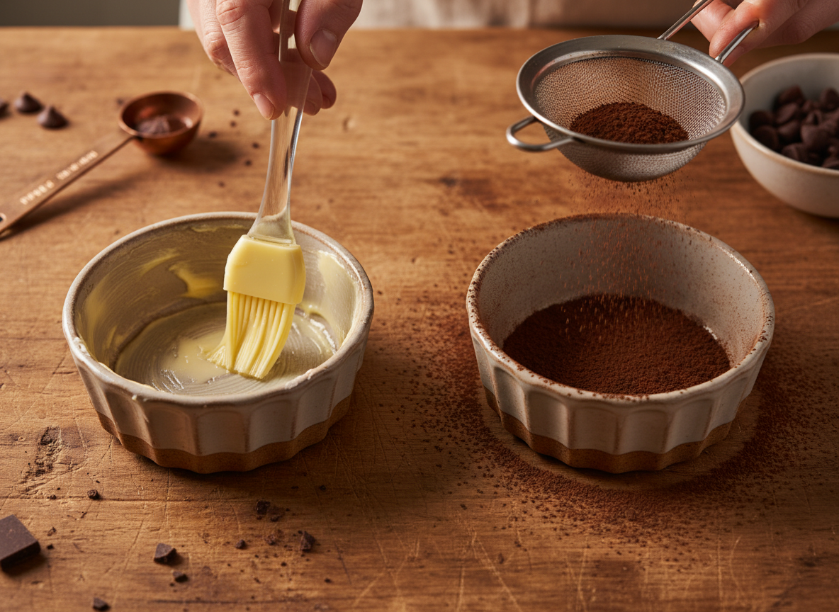 Molten Lava Cakes: How Long to Bake for a Gooey Center 4 Ceramic ramekins being buttered and dusted with cocoa powder for molten lava cakes