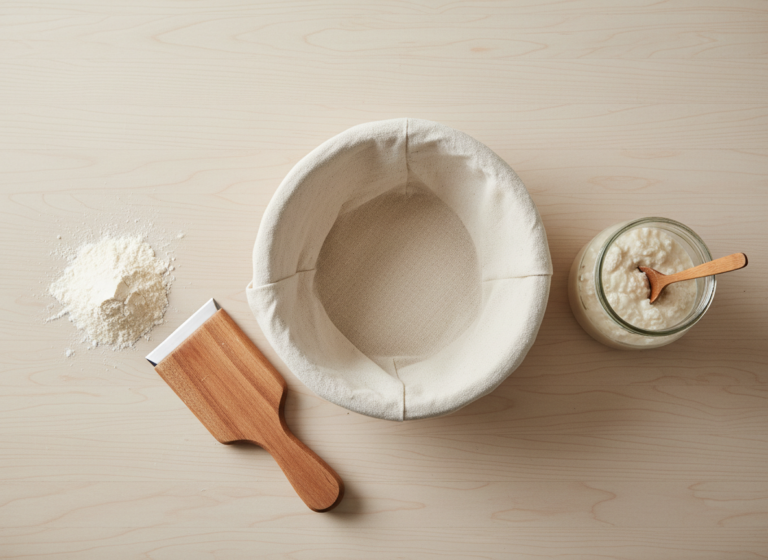 Overhead flat lay of baking essentials: a round wicker banneton bread proofing basket with linen liner, a glass sourdough starter jar with wooden spoon, wooden dough scraper, and a small pile of flour, on a light wooden countertop, bright natural light, clean product photography