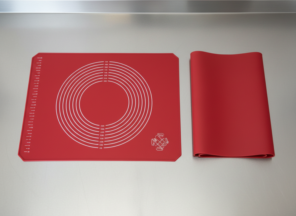 Overhead shot of a red silicone pastry mat with measurement markings rolled out on a stainless steel kitchen counter, next to a folded flexible silicone baking mat sheet, clean product photography, bright even lighting