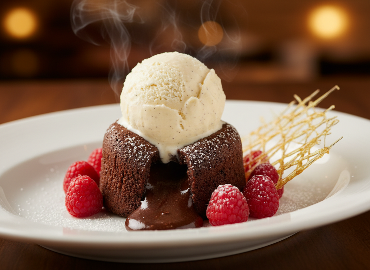Molten Lava Cakes: How Long to Bake for a Gooey Center 7 Plated molten lava cake topped with vanilla ice cream and fresh raspberries