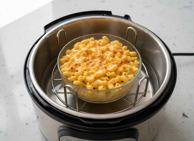 Pot-in-pot method: a glass bowl on a trivet above water inside a pressure cooker pot