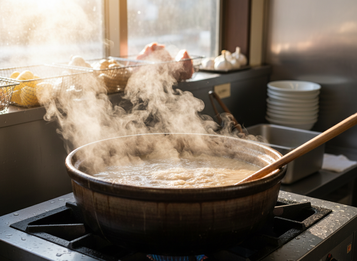 Rich tonkotsu ramen broth simmering in a large pot