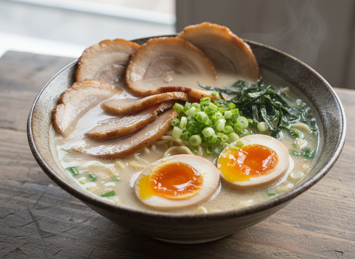 A finished bowl of Japanese tonkotsu ramen with chashu, egg and scallions