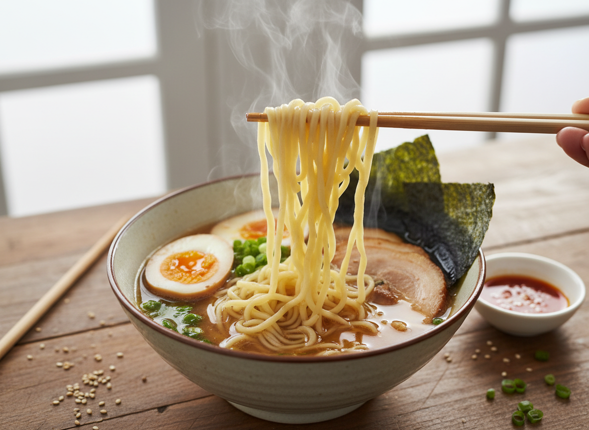 Fresh ramen noodles being lowered into a bowl of hot broth