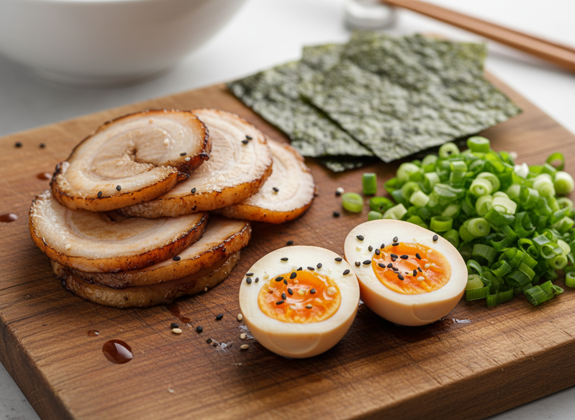 Ramen toppings including chashu pork and soft-boiled eggs being prepped