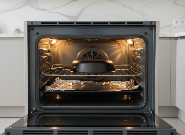 Cast iron skillet upside down on the center oven rack with foil below to re-season it