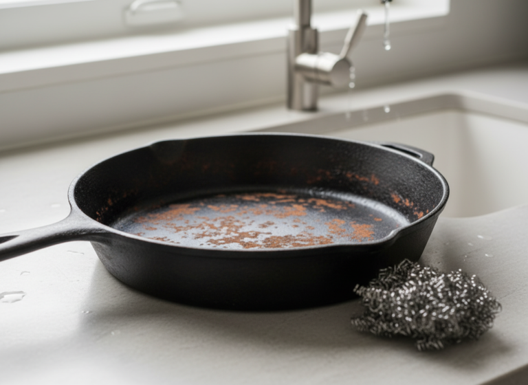 Rusty cast iron skillet with orange rust spots next to a steel wool pad
