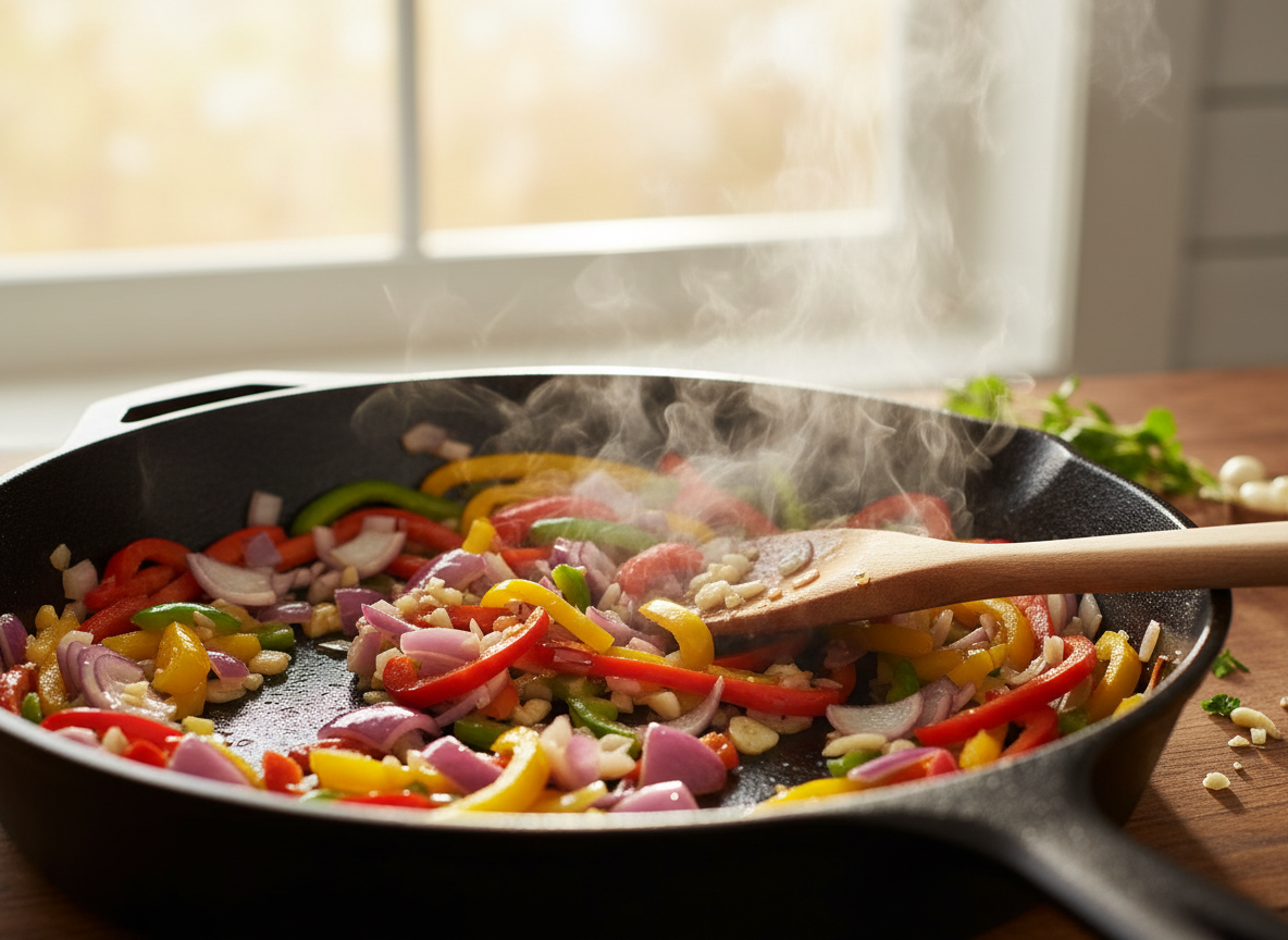 Sauteing onions, garlic, and bell peppers for Grandma's meatloaf