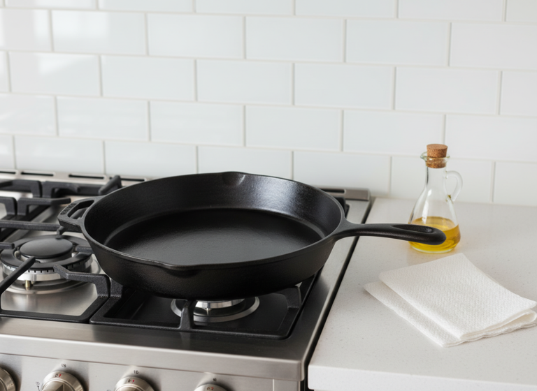 How to Clean a Cast Iron Skillet (and Fix Rust) 1 How to clean a cast iron skillet: a seasoned skillet on the stovetop with paper towel and oil for the final wipe