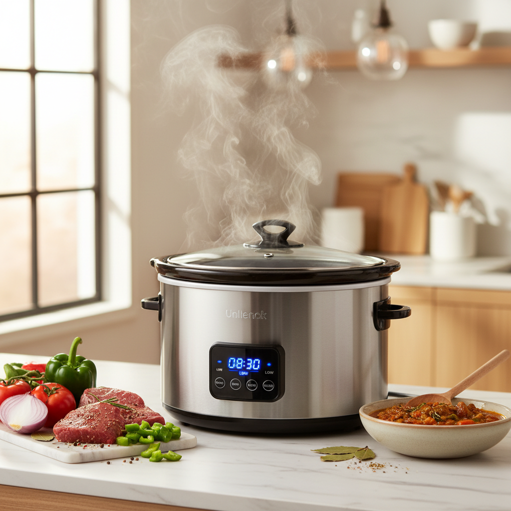 Programmable slow cooker on a kitchen counter with steam rising