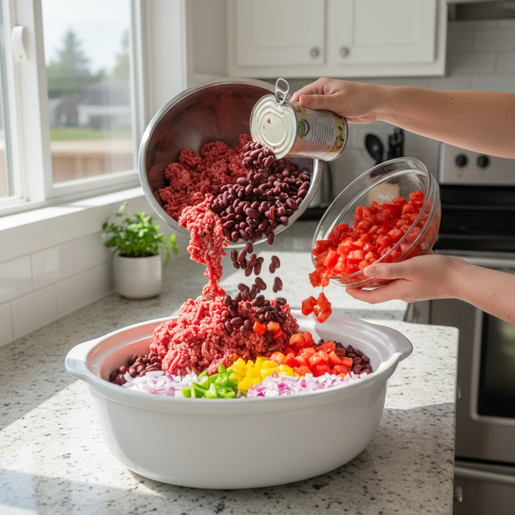 Slow cooker chili ingredients ready to simmer all day