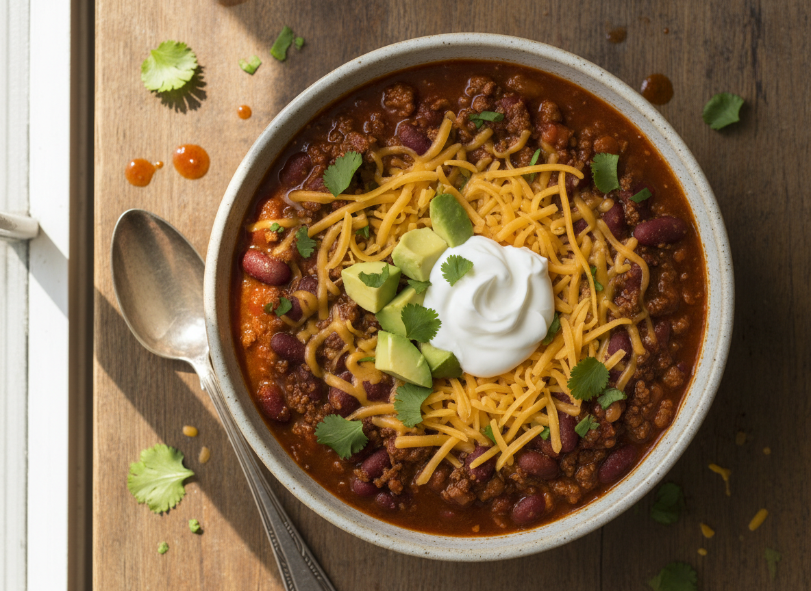 Bowl of hearty slow cooker chili topped with cheese, sour cream, and avocado