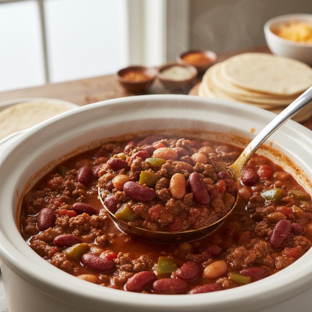 Ladle scooping hearty chili out of the slow cooker
