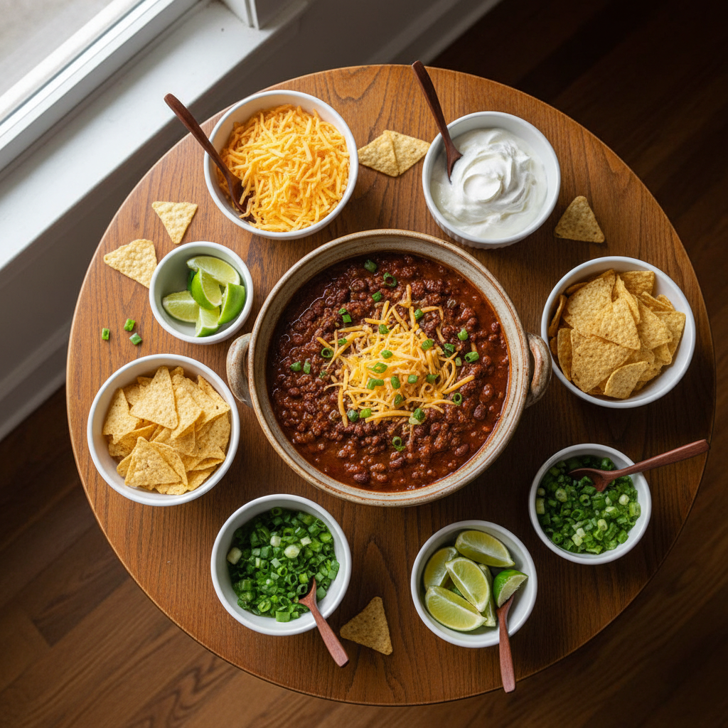 Table spread of chili with toppings including cheese, sour cream, and tortilla chips