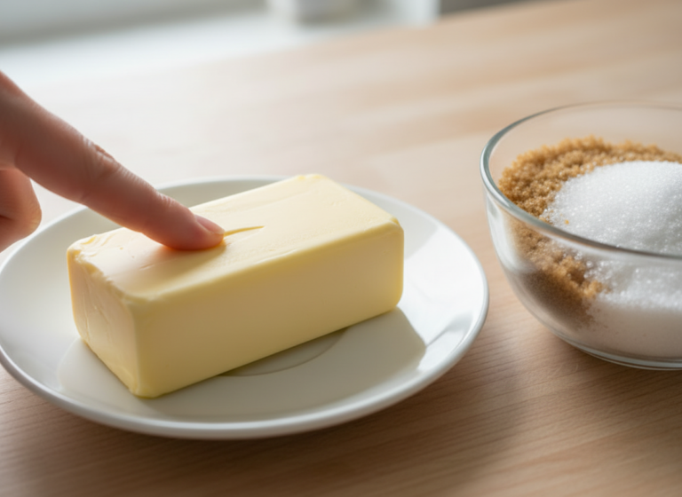 Finger pressing softened butter that dents but holds its shape, the right temperature for cookie dough