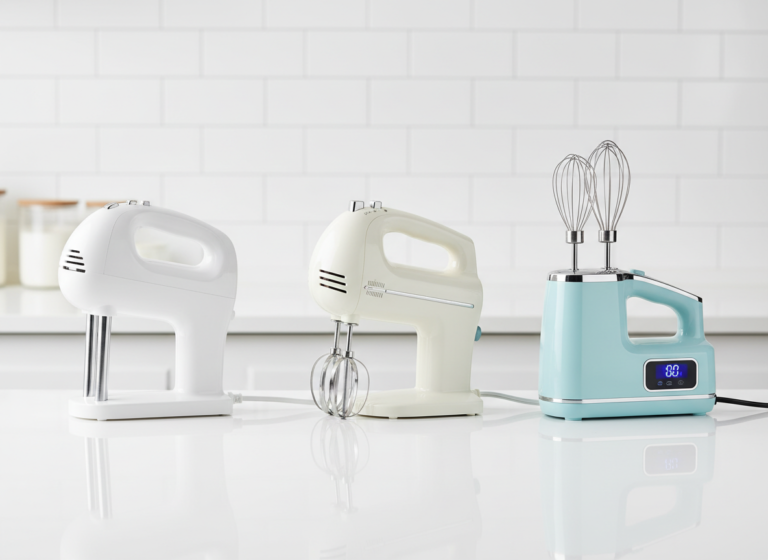 Three electric hand mixers lined up on a white kitchen counter, one white, one classic white with beaters, one modern ice blue digital model, clean product comparison photography, bright even studio-like lighting