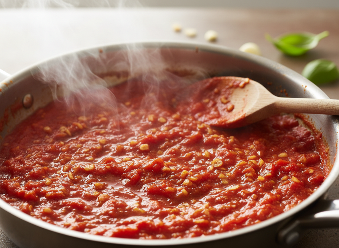 Crushed tomato sauce with garlic simmering in a stainless steel skillet