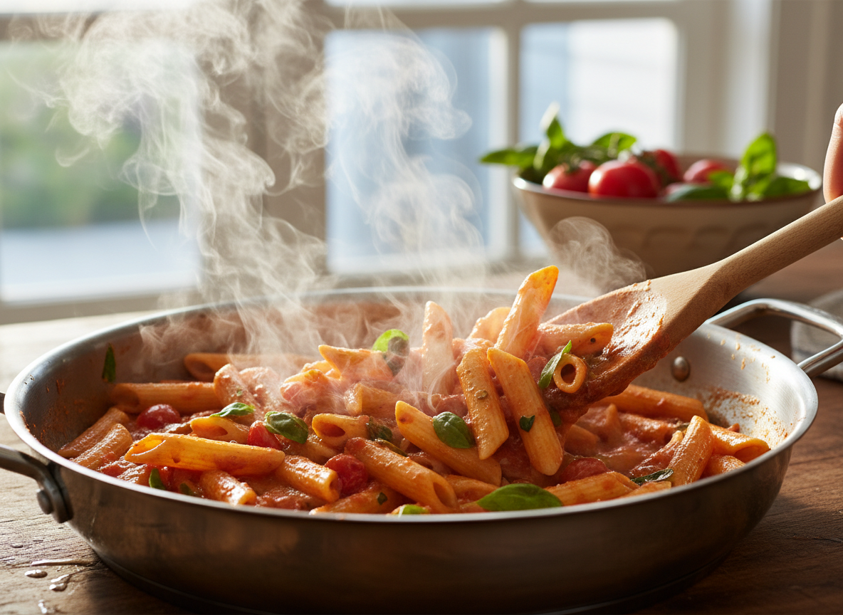 Penne being tossed with a wooden spoon in a steaming tomato cream sauce