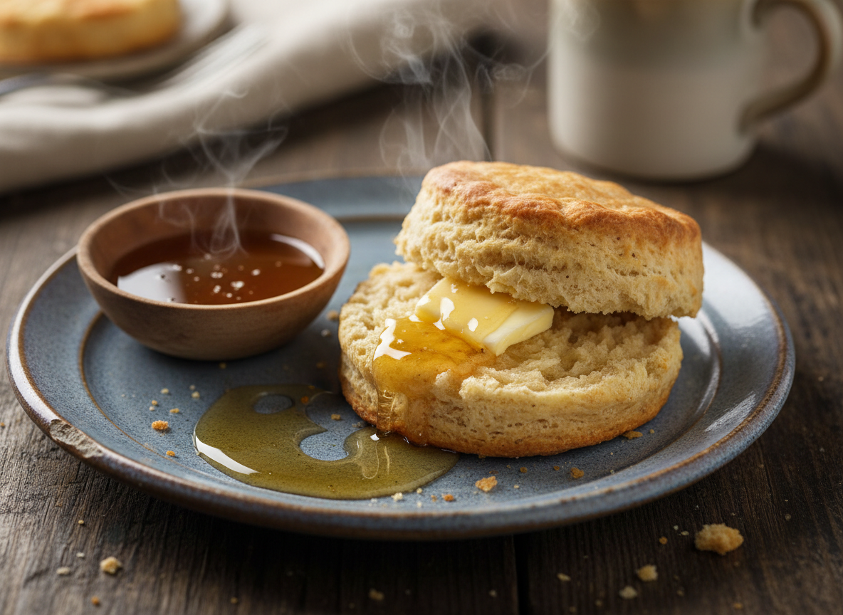 Warm biscuit split open with butter melting inside