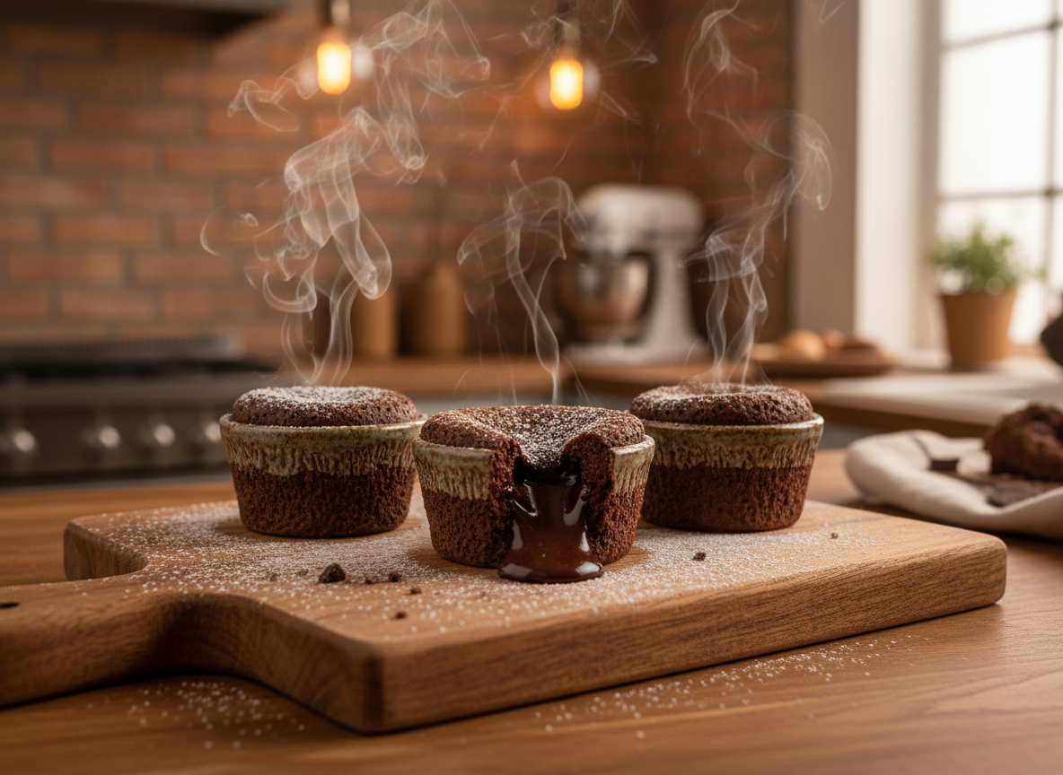 Molten Lava Cakes: How Long to Bake for a Gooey Center 5 Warm molten lava cakes fresh out of the oven in ceramic ramekins