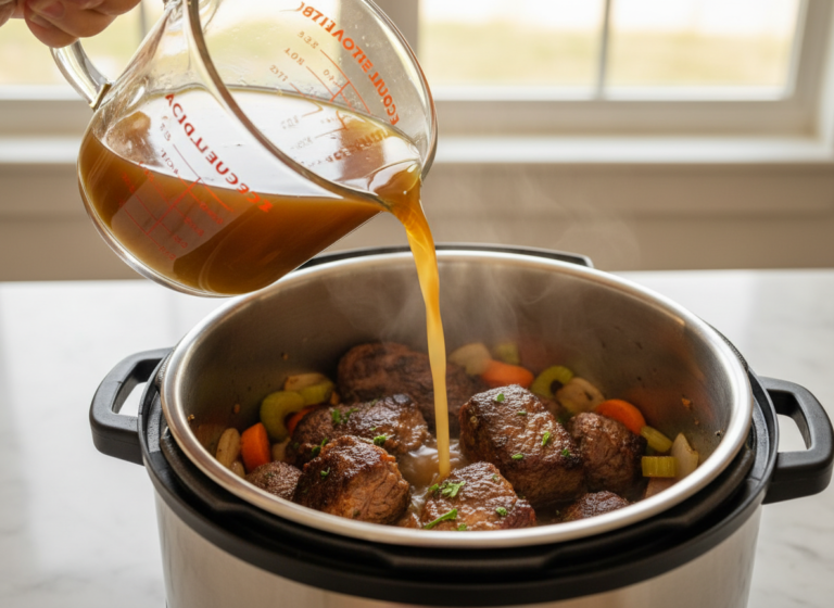 Pouring broth into a pressure cooker pot to deglaze before pressure cooking