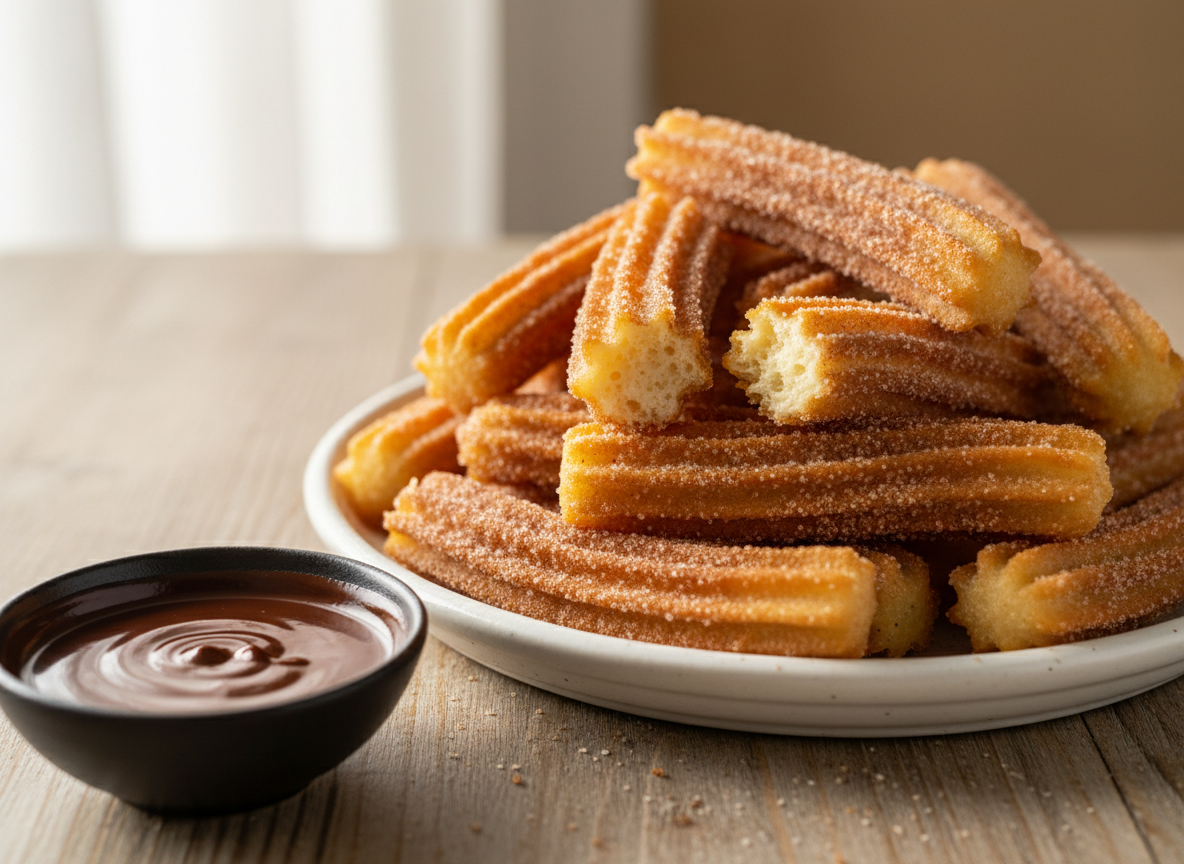 Air fryer churros coated in cinnamon sugar with chocolate dipping sauce