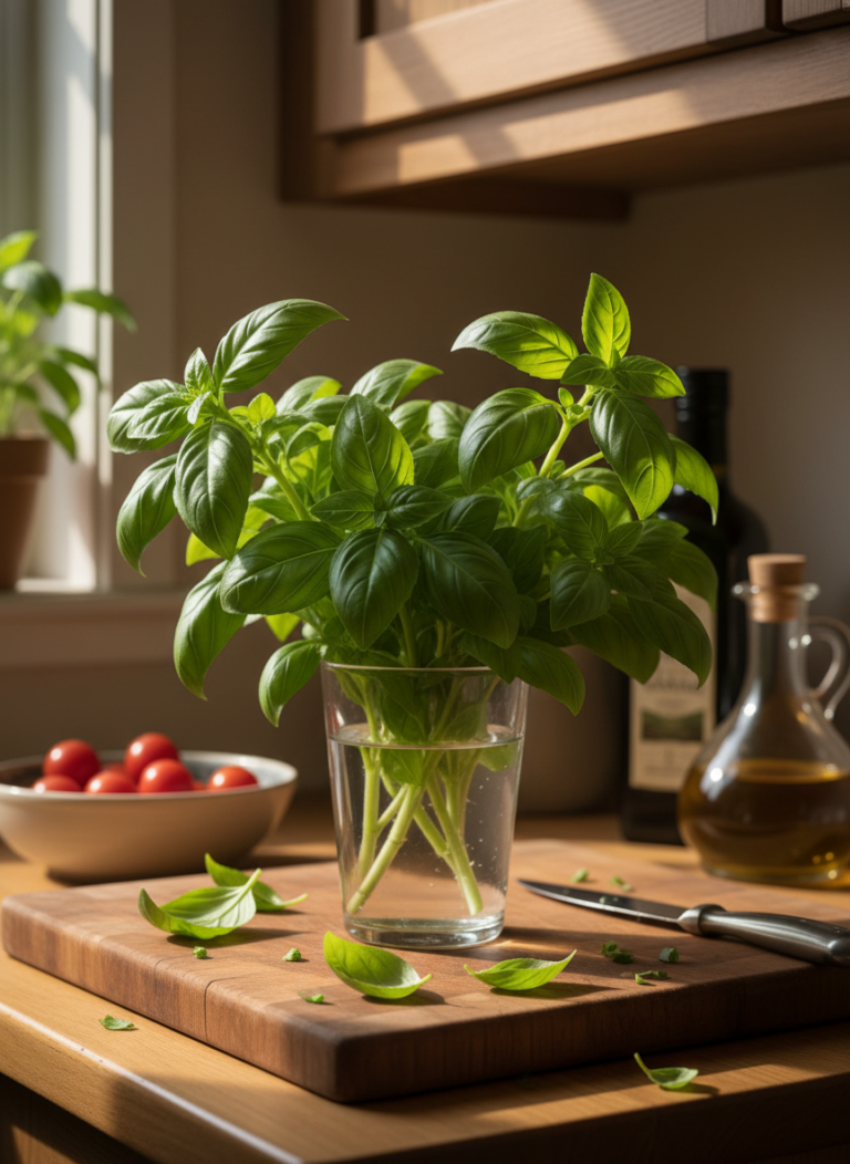 How to Store Fresh Herbs: Which Go in Water, Which Get a Towel? 5 Fresh basil bouquet in a glass of water on a kitchen counter