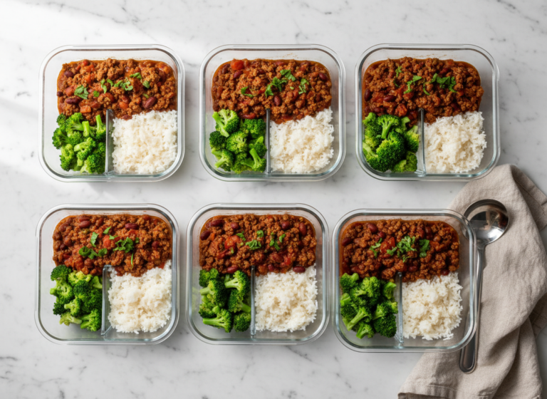 Six glass meal prep containers of chili, rice and broccoli on a kitchen counter