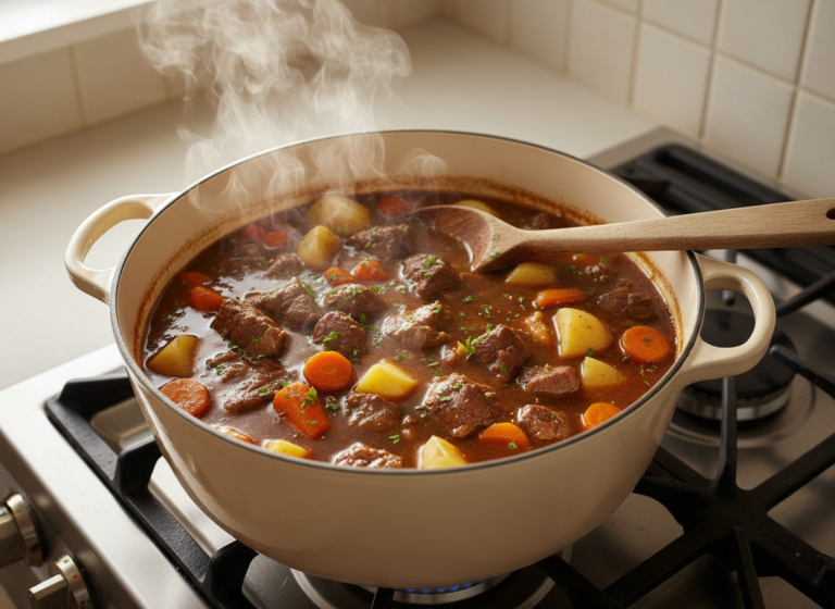 Beef stew in a 6-quart pot, a good answer to what size Dutch oven a family of four needs
