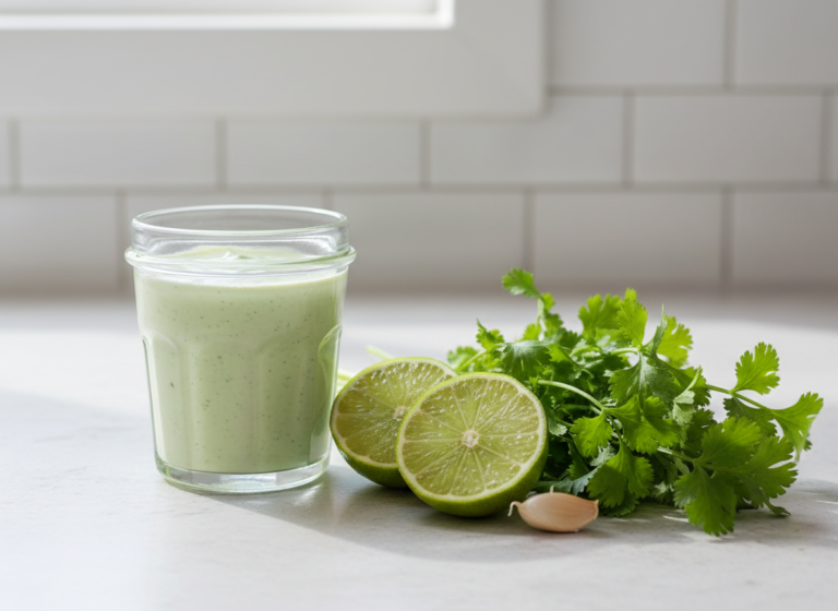 Snappy Shrimp Tacos with Cilantro Lime Sauce 6 Creamy cilantro lime sauce for shrimp tacos in a blender jar