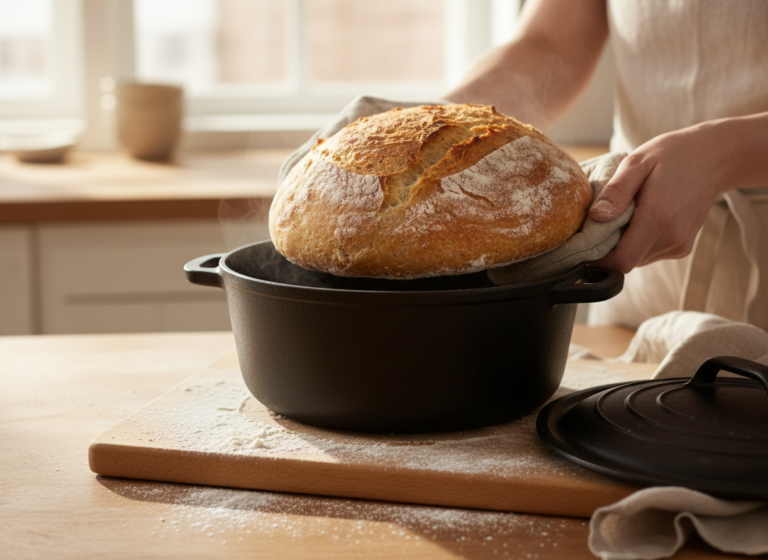 Crusty round bread loaf next to an open cast iron Dutch oven