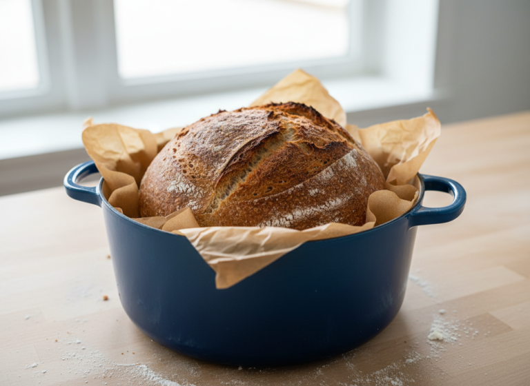 Enameled vs Bare Cast Iron: Which Should You Buy First? 6 Crusty no-knead bread loaf next to an enameled cast iron Dutch oven