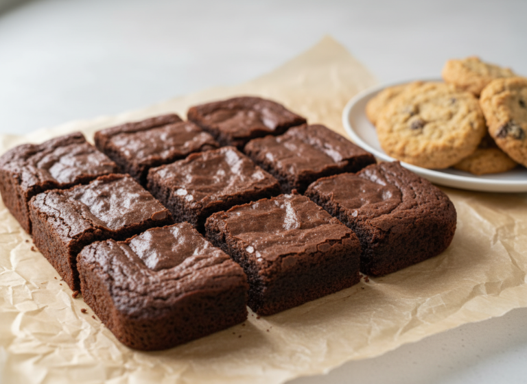 What Can I Use Instead of Eggs in Baking? 9 Swaps, Measured 6 Fudgy brownie squares on parchment next to a plate of chewy cookies