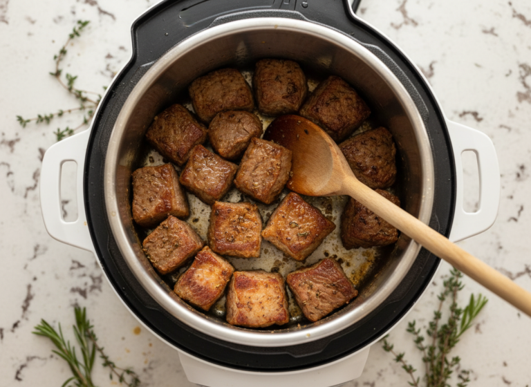 Beef chunks browning on the Saute setting before a slow cooker to Instant Pot conversion