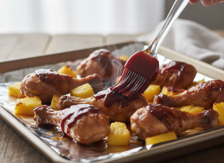 Sheet Pan Teriyaki Chicken and Pineapple with Sticky, Charred Edges 6 Brushing teriyaki glaze over roasted chicken and pineapple before broiling