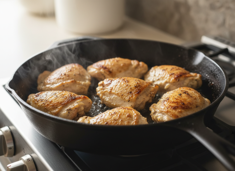 Marinated chicken thighs charring in a cast iron skillet