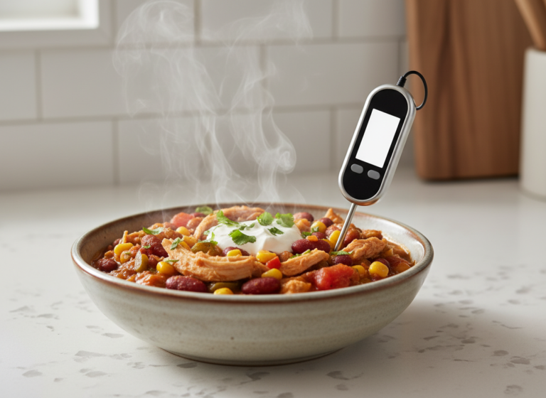 Steaming bowl of reheated chili checked with an instant-read thermometer