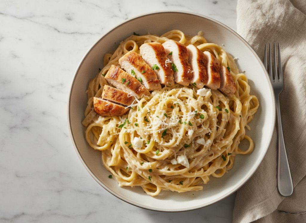 Bowl of creamy chicken alfredo with sliced seared chicken and parsley